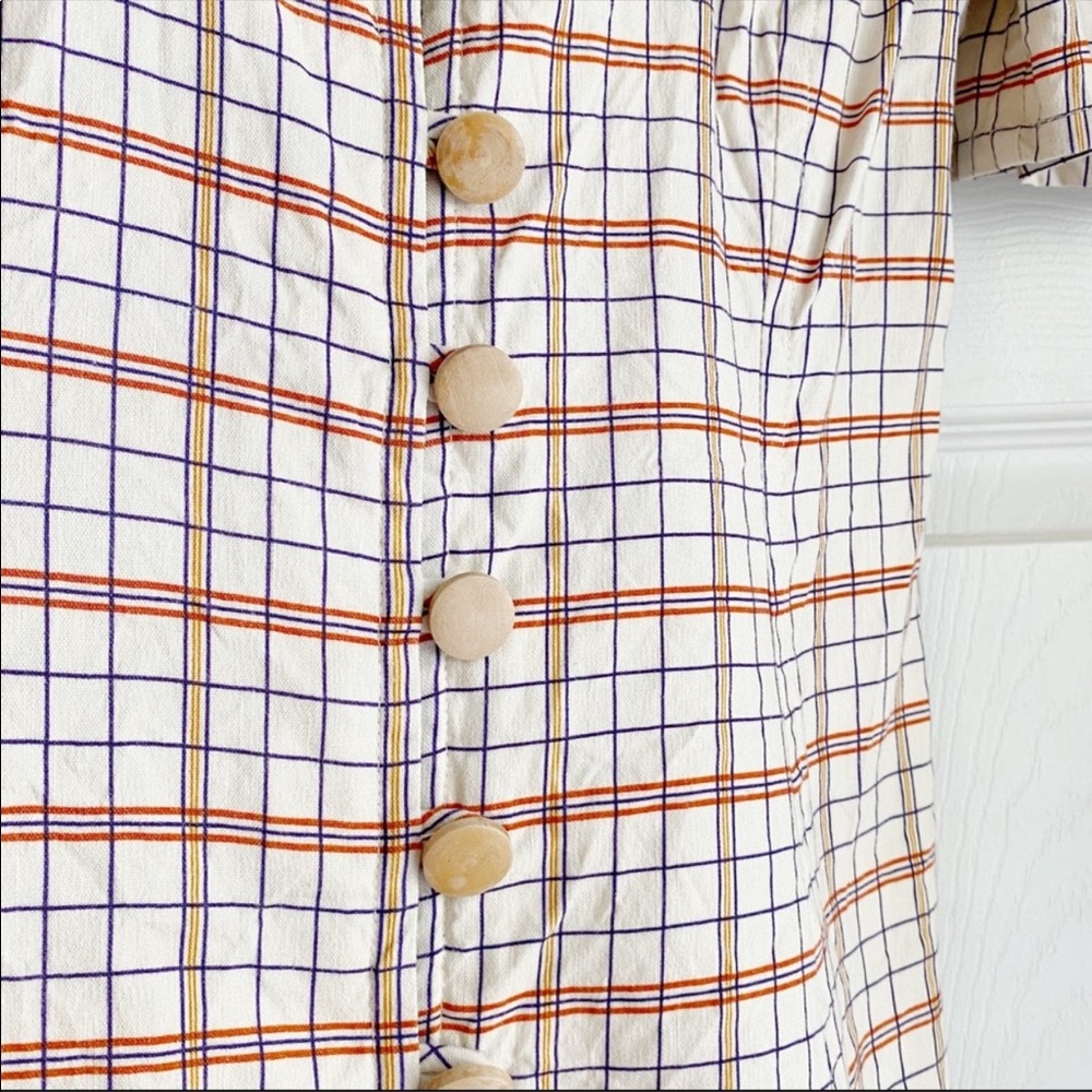 Nicholas Plaid Button Front Puff Sleeve Mini Dress Linen Blend Cream Red Size 2 - Picture 9 of 12